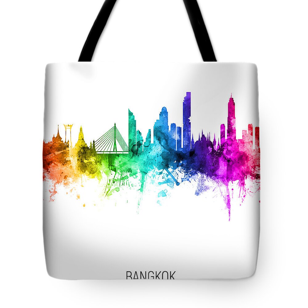 Bangkok Tote Bag featuring the digital art Bangkok Thailand Skyline #50 by Michael Tompsett