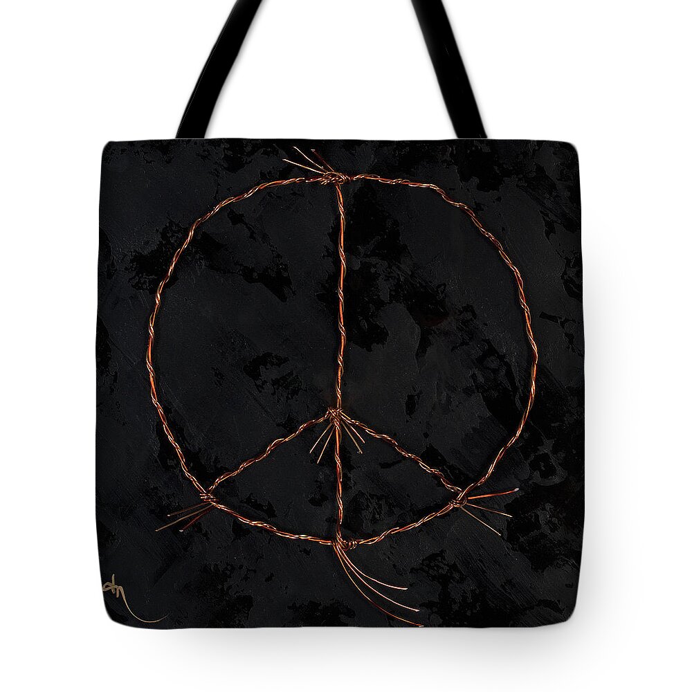 Peace Tote Bag featuring the painting Barbed Peace-Bronze on Black by Tamara Nelson