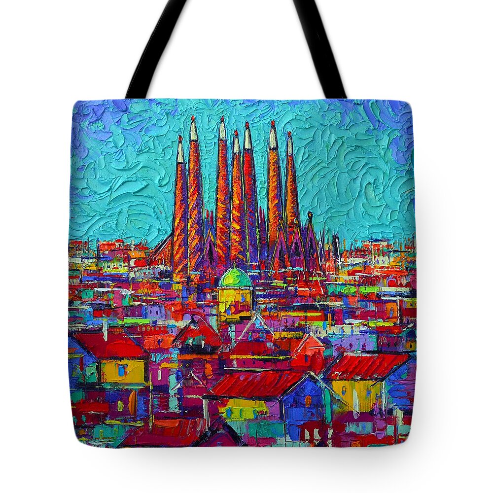 Barcelona Tote Bag featuring the painting Barcelona Abstract Cityscape - Sagrada Familia by Ana Maria Edulescu