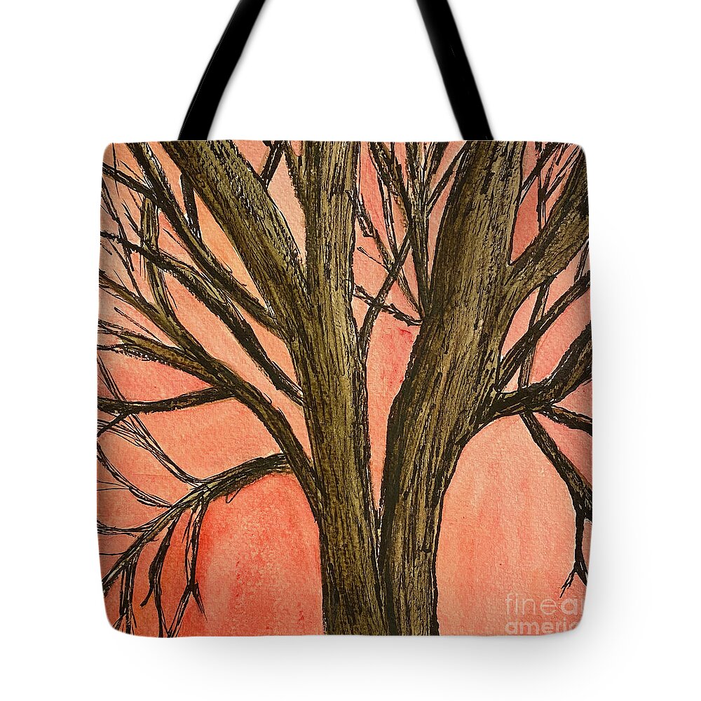 Tree Tote Bag featuring the mixed media Bare Tree Sunset by Lisa Neuman