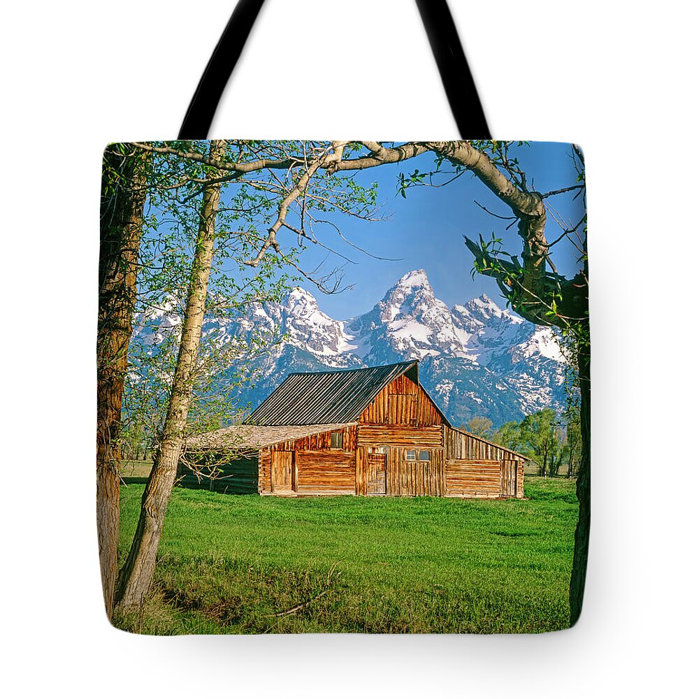 Historic Barn And Grand Teton National Park Wyoming Usa Tote Bag featuring the photograph Barn and Tetons by Mark Miller