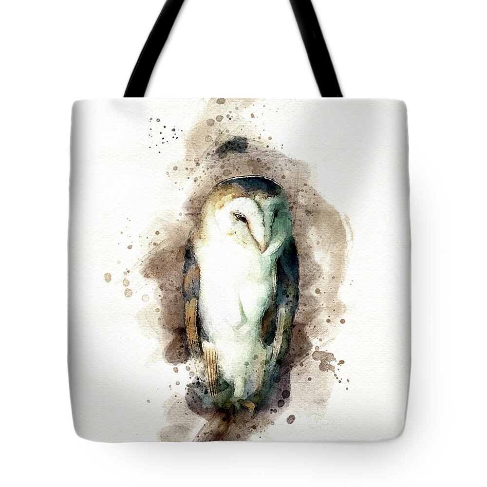 Barn Owl Tote Bag featuring the photograph Barn owl perched on a branch in an old barn. Digital watercolour painting on white. by Jane Rix