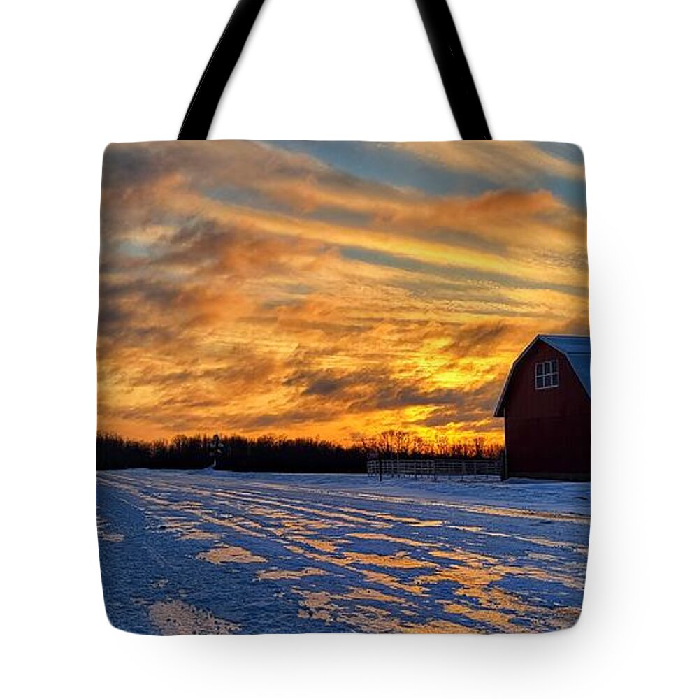 Winter Tote Bag featuring the photograph Barn Sunrise by Brook Burling