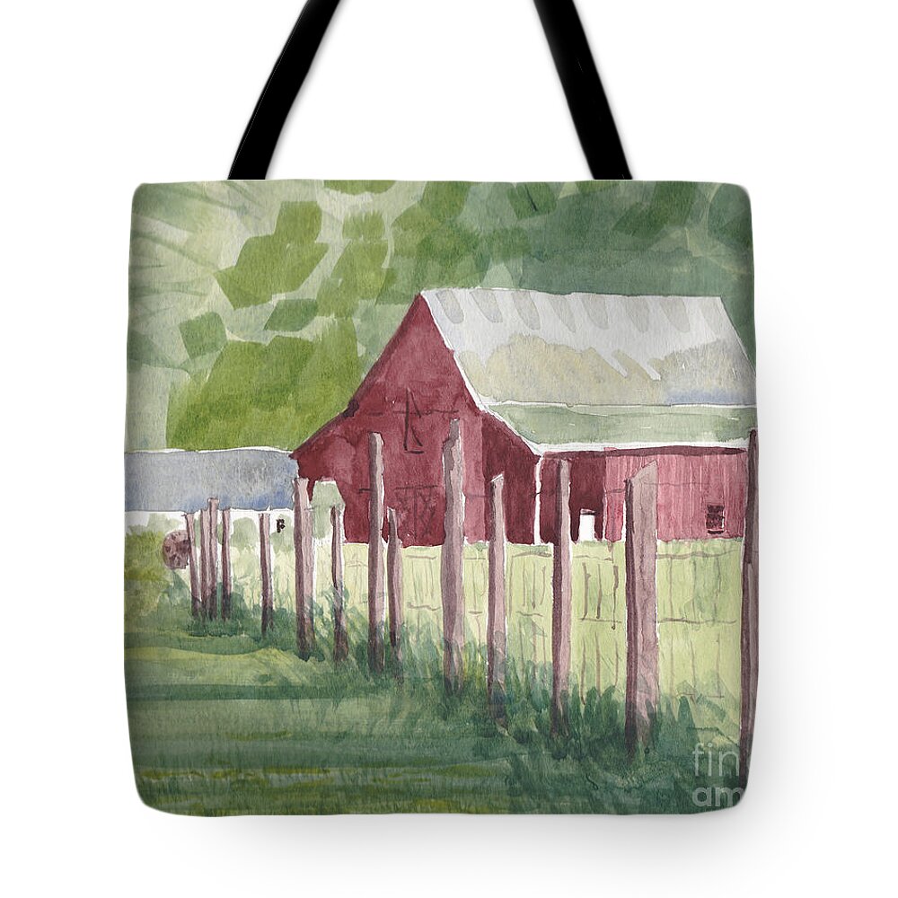 Maryland Tote Bag featuring the painting Barn, View #2, on Holly Drive by Mike Robinson