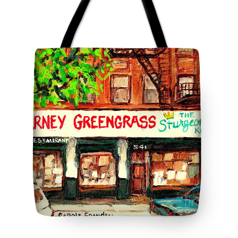 Barney Greengrass Tote Bag featuring the painting Barney Greengrass The Sturgeon King Restaurant New York City Street Scene Painting C Spandau Artist by Carole Spandau