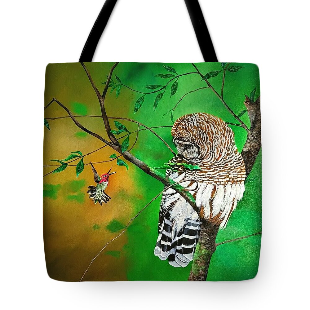 Birds Tote Bag featuring the painting Barred Owl and Anna's hummingbird by Dana Newman