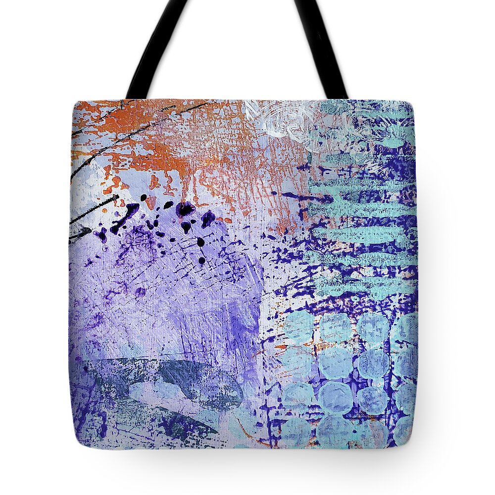 Tropical Tote Bag featuring the painting BARRIER Abstract Painting Purple Aqua Orange Blue by Lynnie Lang