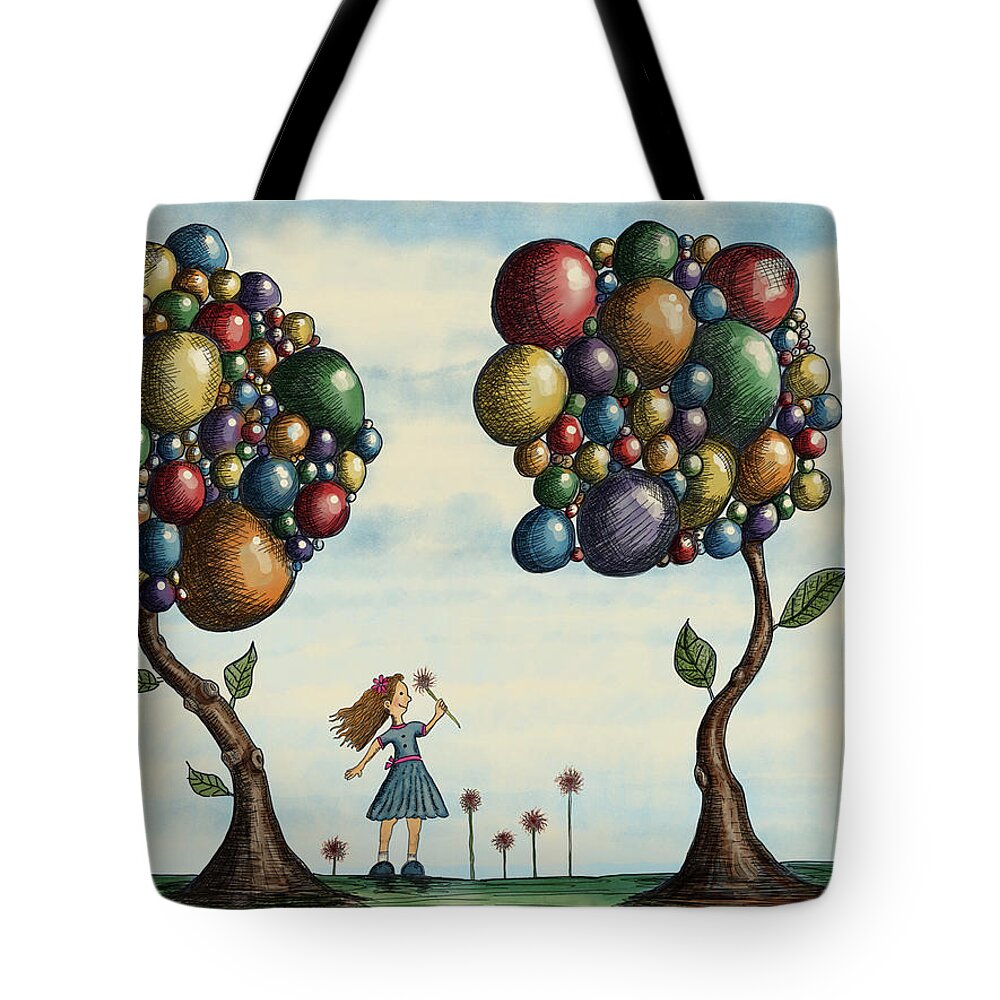 Illustration Tote Bag featuring the drawing Basie and the Gumball Trees by Christina Wedberg