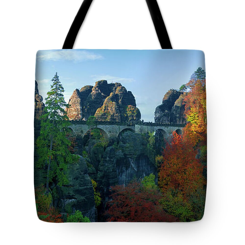 Saxon Switzerland Tote Bag featuring the photograph Bastei bridge in the Elbe Sandstone Mountains by Sun Travels