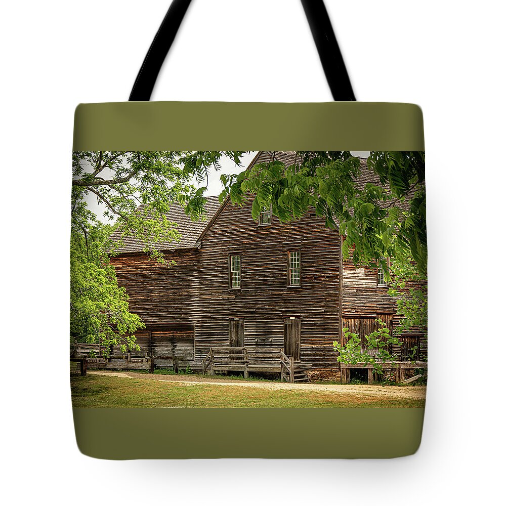 Kristia Adams Tote Bag featuring the photograph Batsto Sawmill Framed By Trees by Kristia Adams