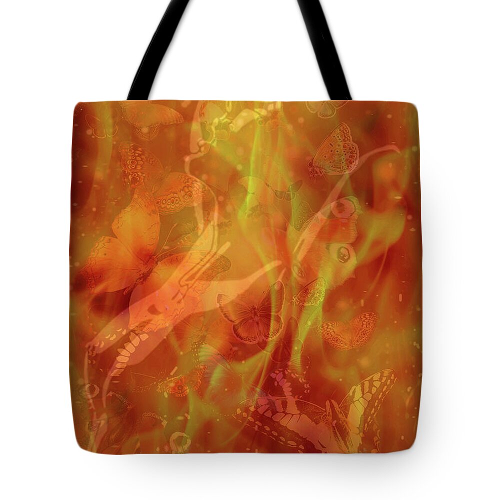 Calienete Tote Bag featuring the mixed media Battle Born Caliente on fire with butterflies by Mayhem Mediums