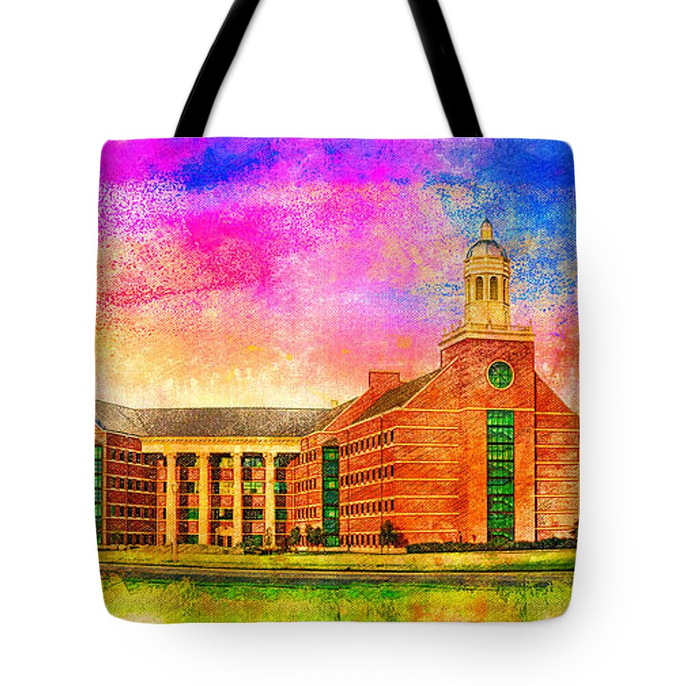 Baylor Science Building Tote Bag featuring the digital art Baylor Science Building of the Baylor University in Waco, Texas - digital painting by Nicko Prints