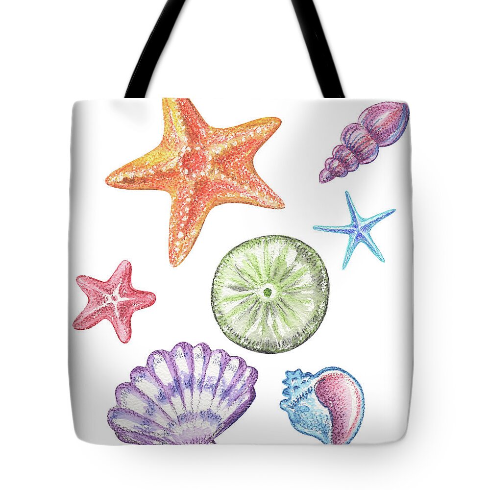 Beach Art Tote Bag featuring the painting Beach Art Watercolor Sea Shells And Stars Art I by Irina Sztukowski