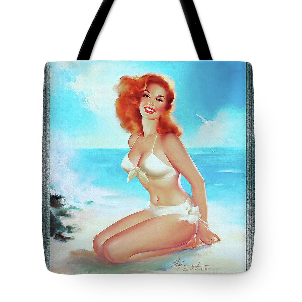 Beach Beauty Tote Bag featuring the painting Beach Beauty by Edward Runci Pin-Up Girl Vintage Artwork by Rolando Burbon