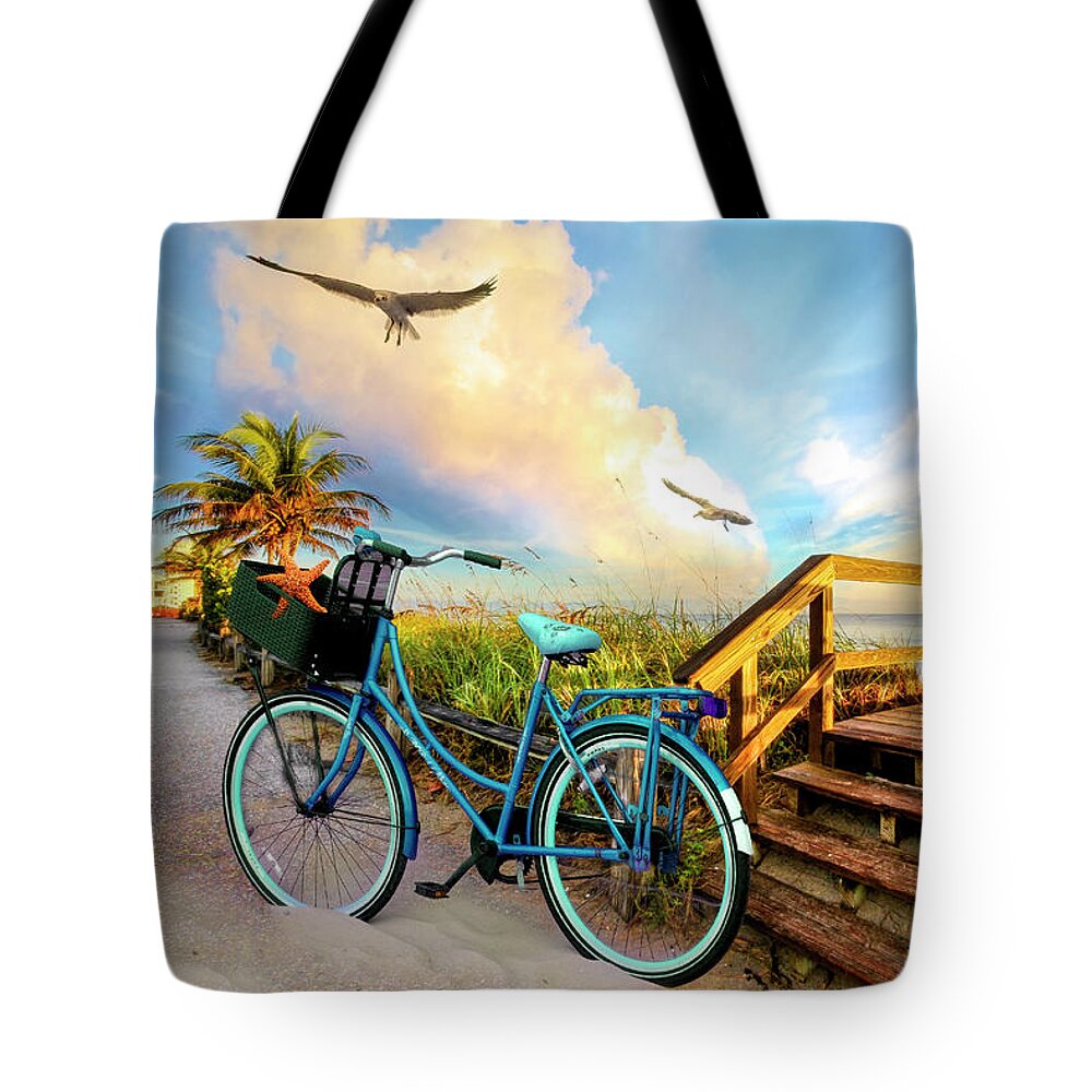 Birds Tote Bag featuring the photograph Beach Bicycle at Sunrise by Debra and Dave Vanderlaan
