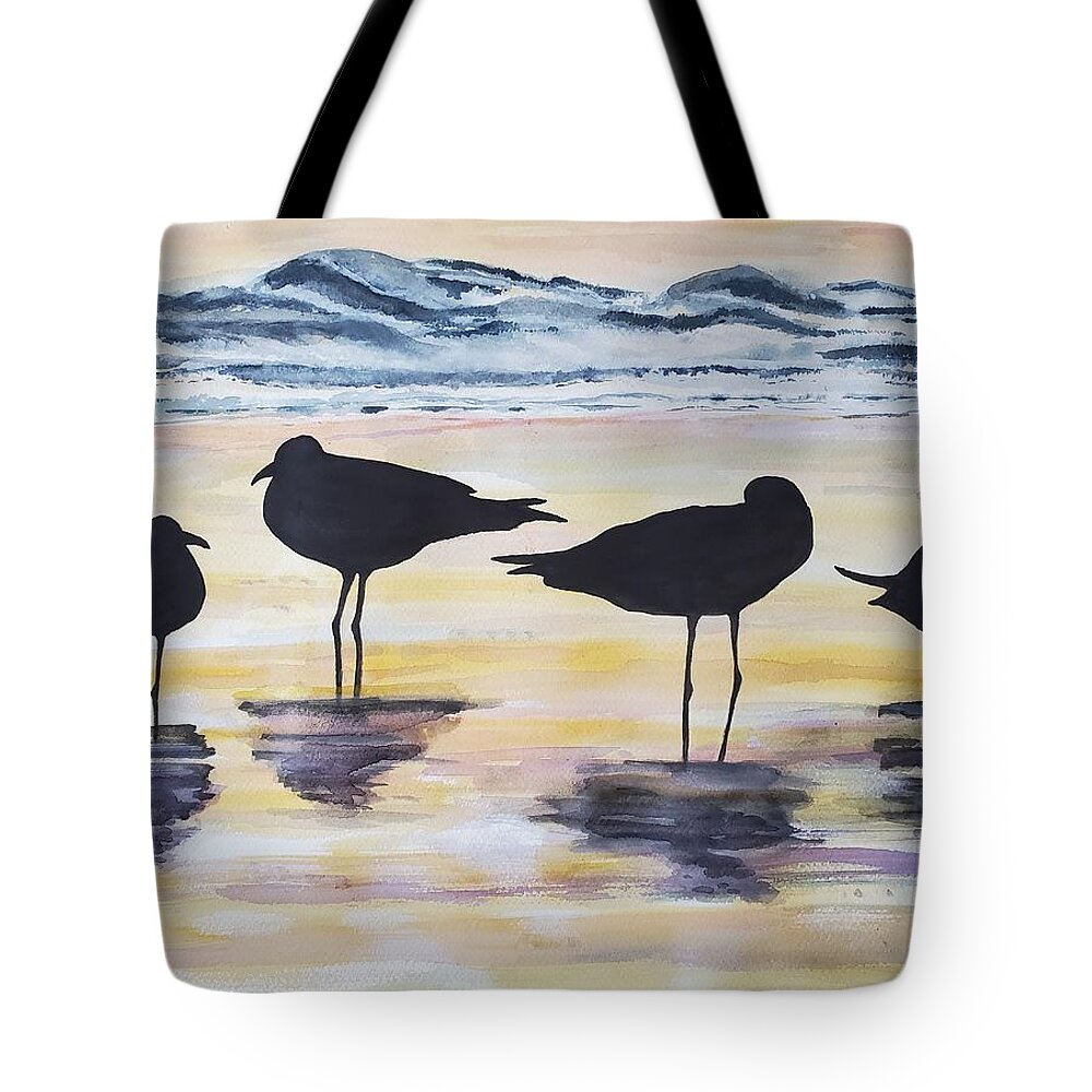 Birds Tote Bag featuring the painting Beach Birds at Sunset - Watercolor by Claudette Carlton