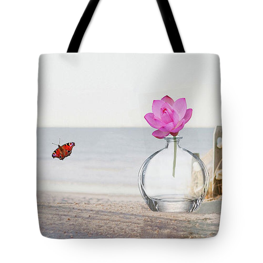 Sand Tote Bag featuring the digital art Beach, bottle and Butterflies by Steven Parker