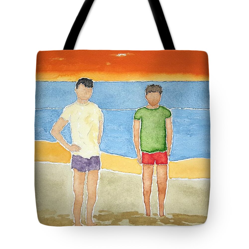Watercolor Tote Bag featuring the painting Beach Dudes by John Klobucher