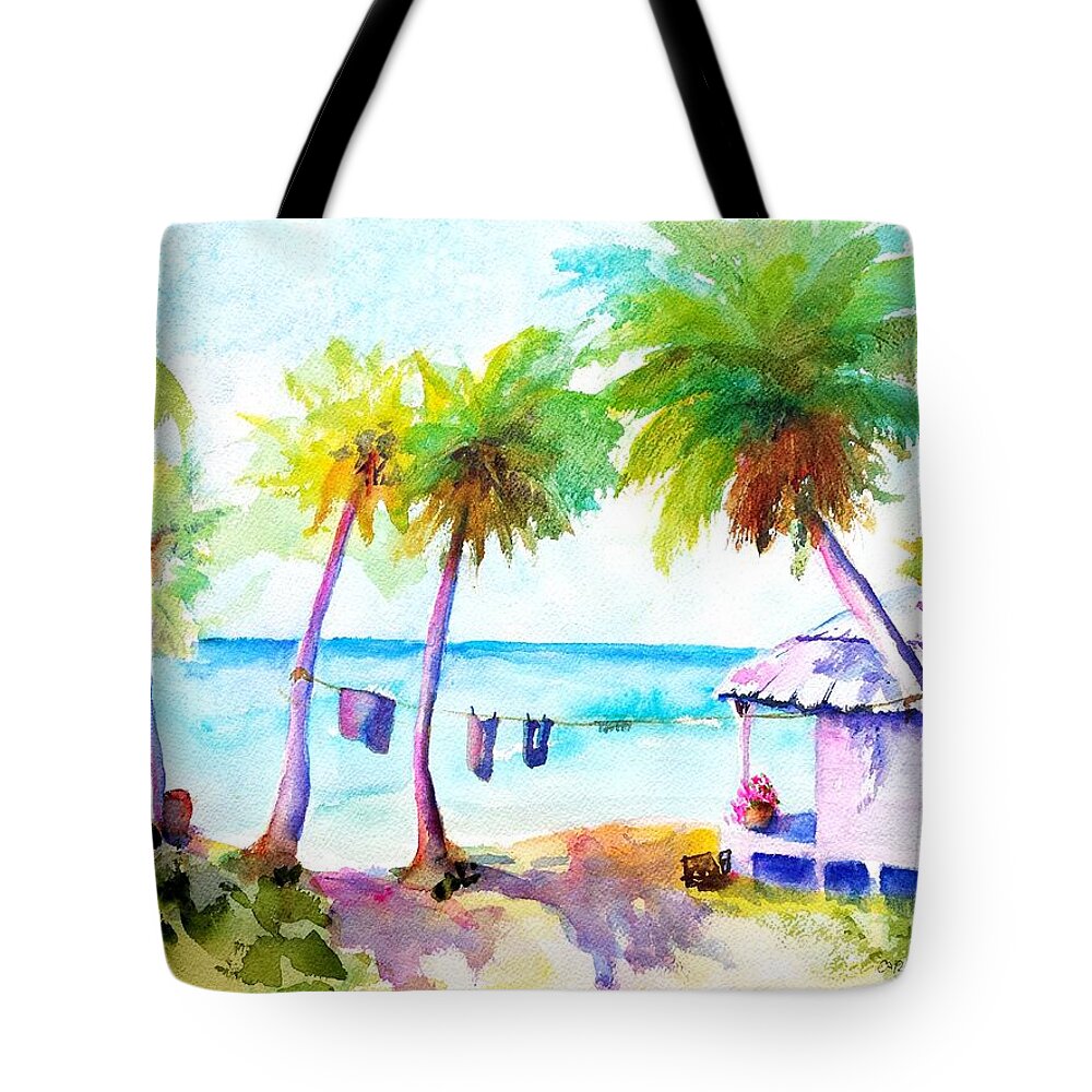 Troical Tote Bag featuring the painting Beach House Tropical Paradise by Carlin Blahnik CarlinArtWatercolor