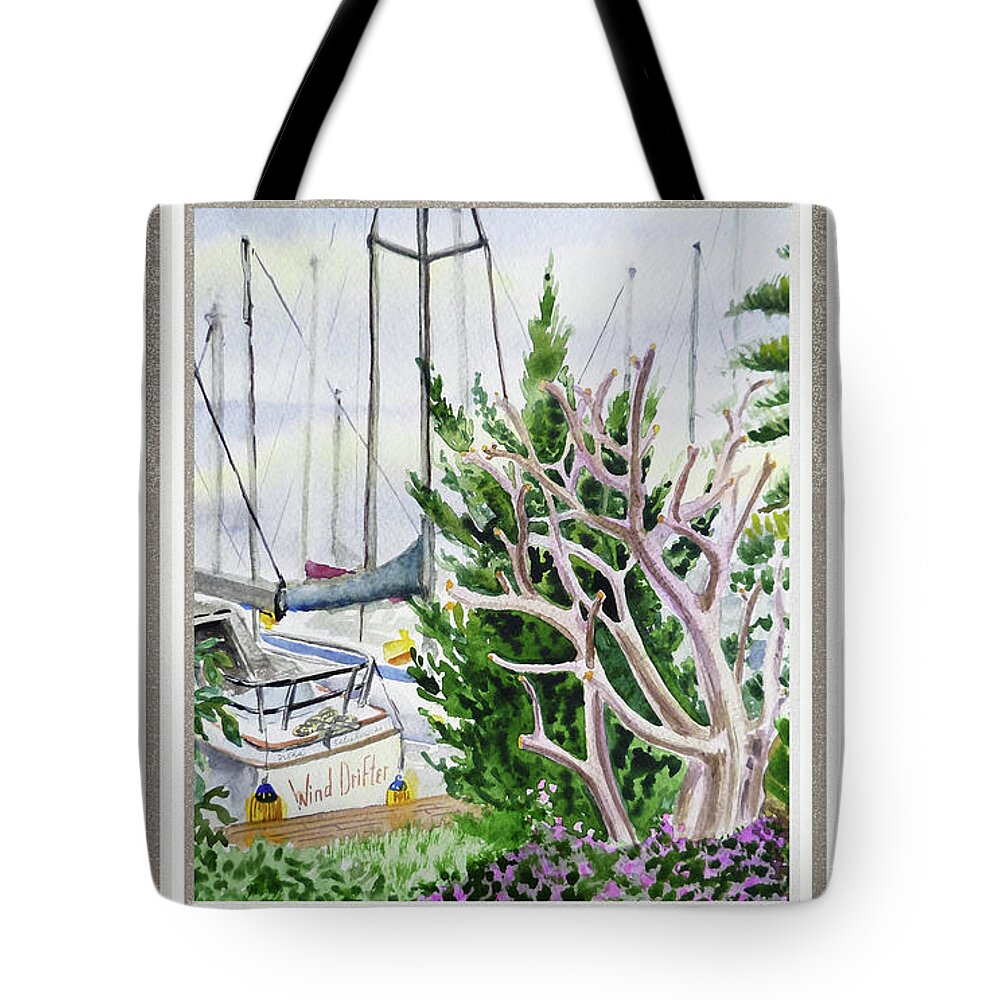 Window View Tote Bag featuring the painting Beach House Window View To Marina Watercolor by Irina Sztukowski