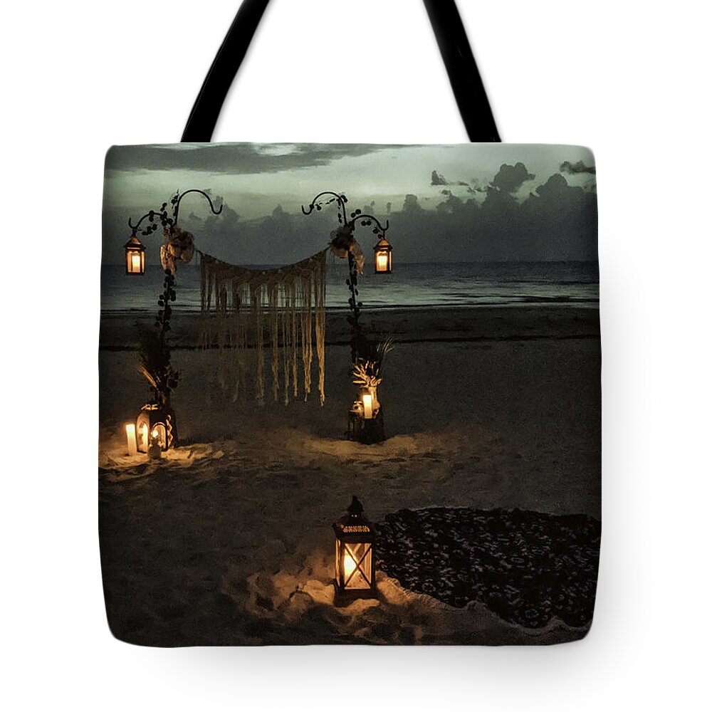 Sunset Tote Bag featuring the photograph Beach Night Romance by Portia Olaughlin