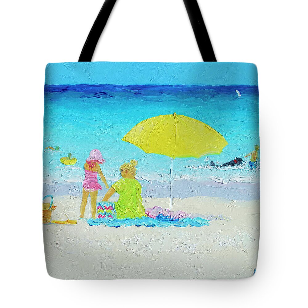 Beach Tote Bag featuring the painting Beach Painting - Yellow Umbrella by Jan Matson