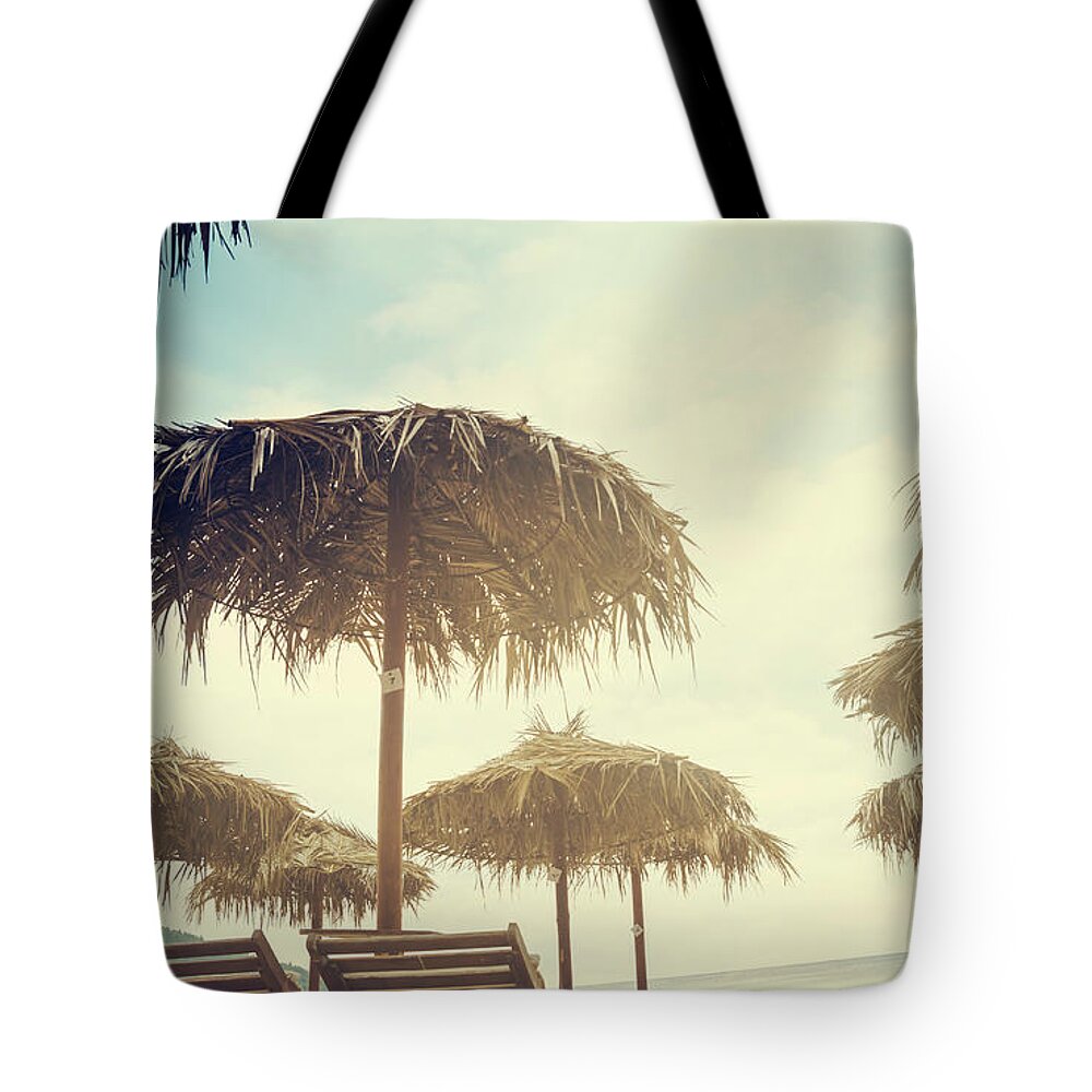 Beach Tote Bag featuring the photograph Beach Parasols Summer by Jelena Jovanovic