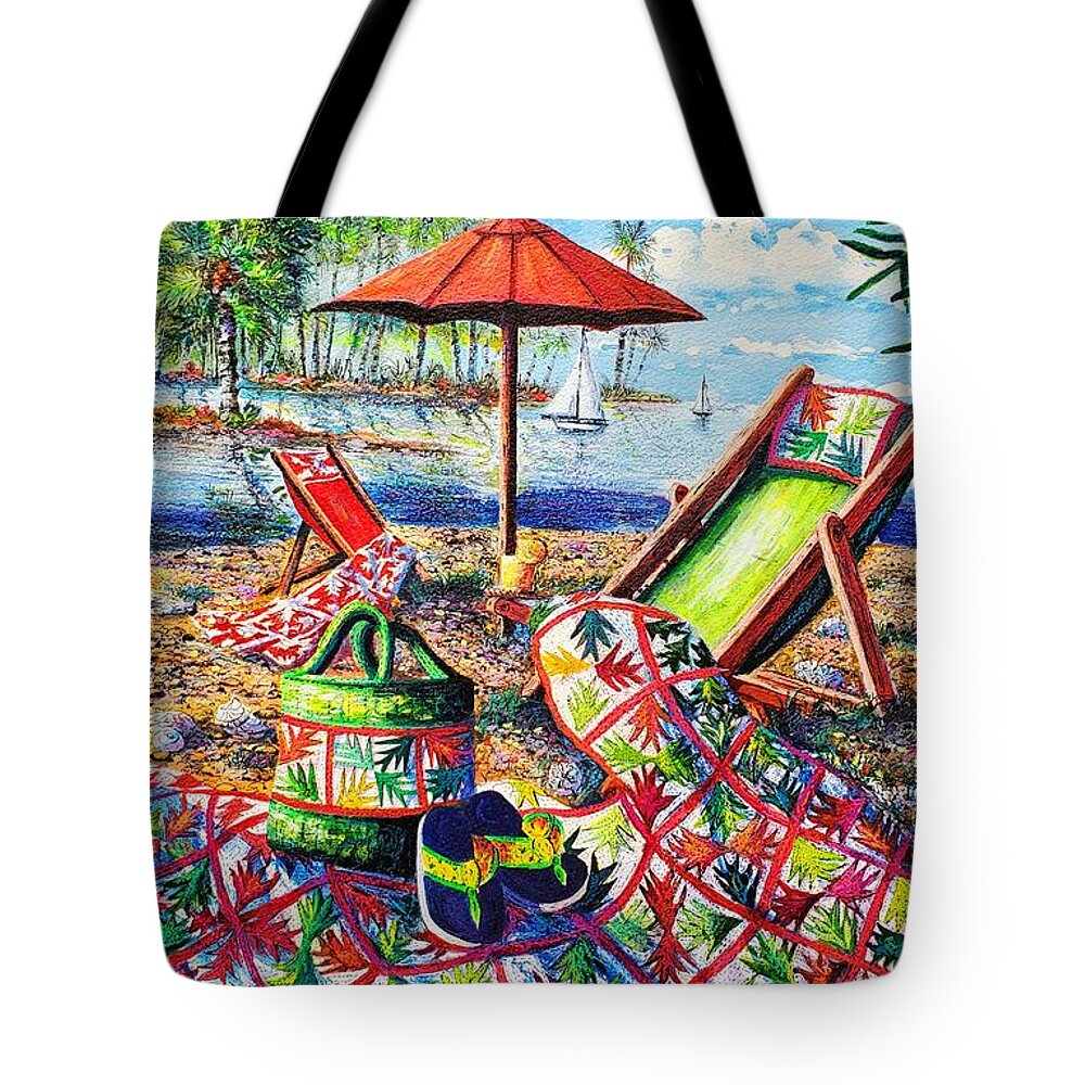 Palm Quilt At The Beach Tote Bag featuring the painting Beach Retreat by Diane Phalen