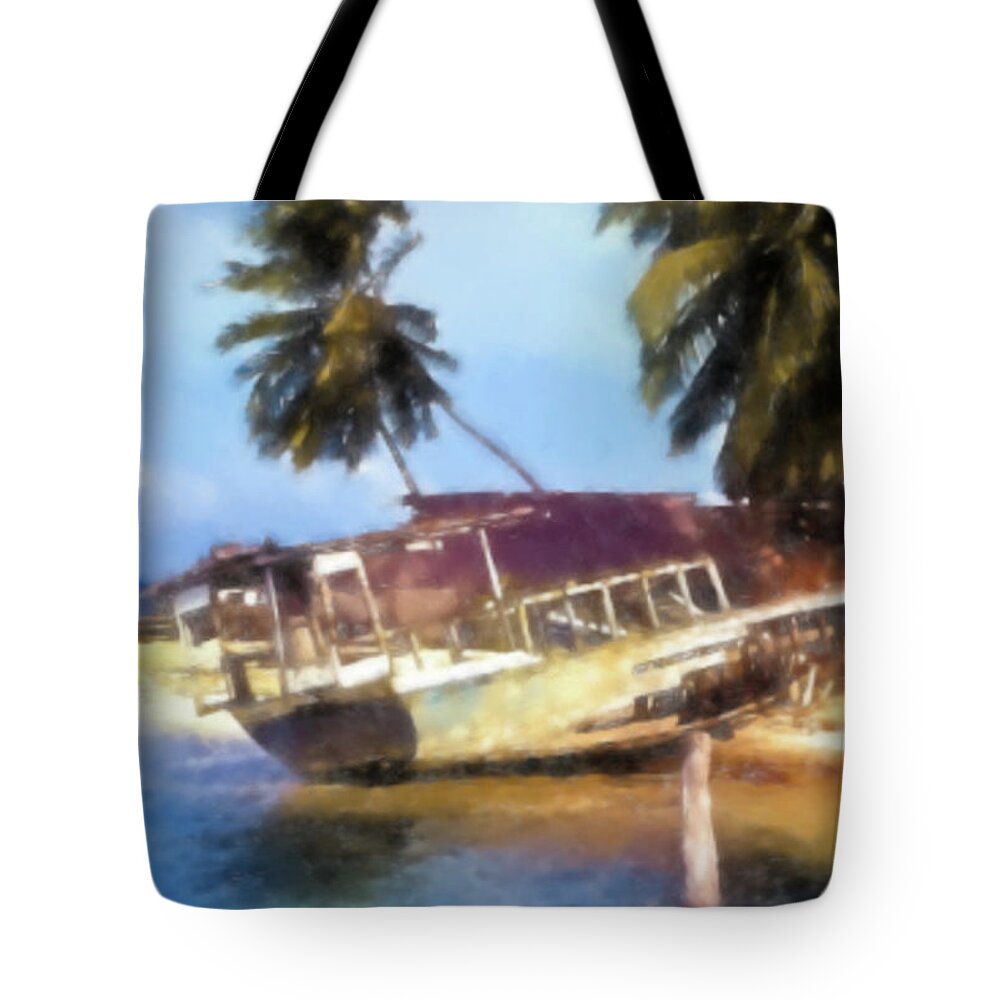 Beached Boat Tote Bag featuring the photograph Beached Ship Wreck by Cathy Anderson