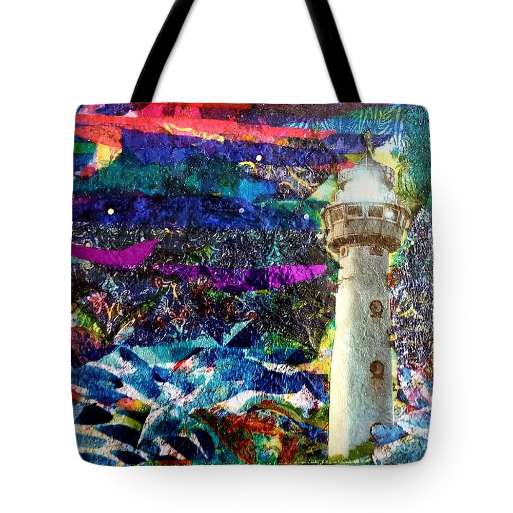 Lighthouse Tote Bag featuring the mixed media Beacon of Light by Deborah Cherrin