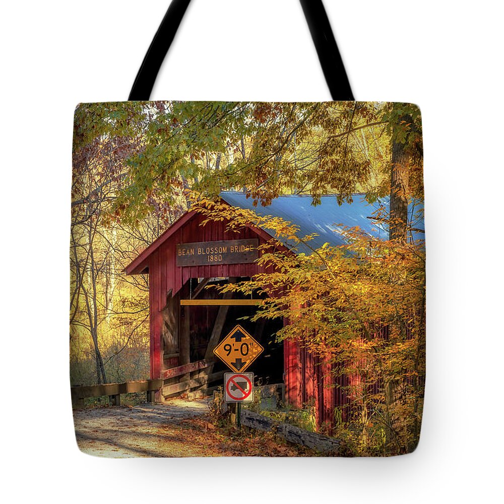 Bean Blossom Bridge Tote Bag featuring the photograph Bean Blossom Bridge in Autumn by Susan Rissi Tregoning