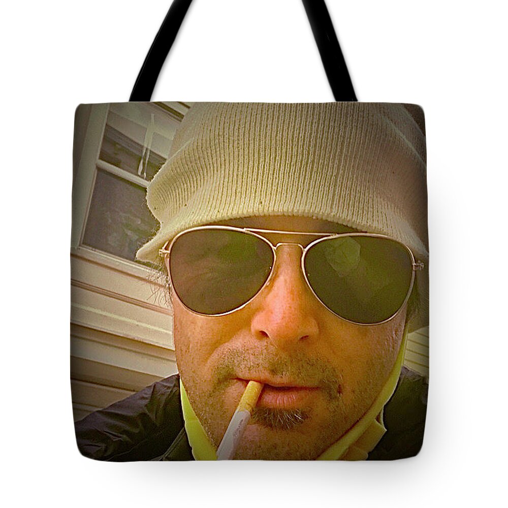 Bencasso Photos Tote Bag featuring the photograph Beanie Glasses Pandemic Smoke by Bencasso Barnesquiat