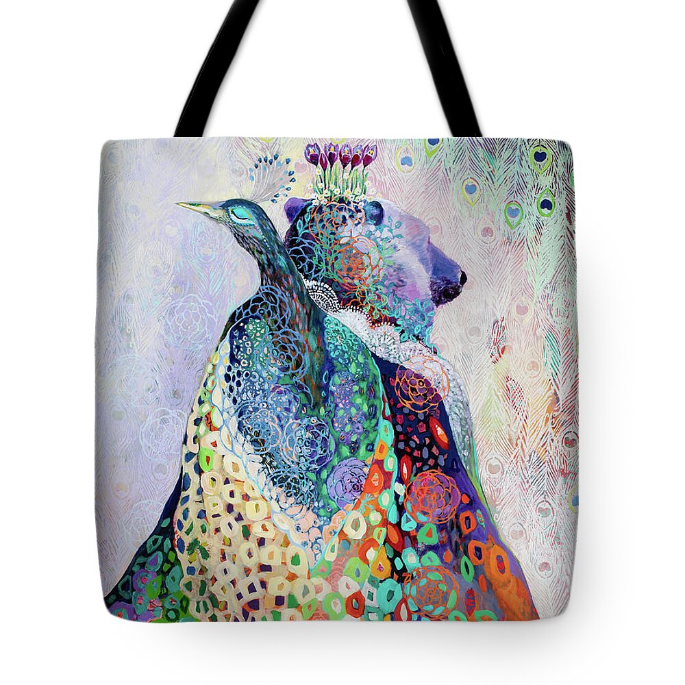 Bear Tote Bag featuring the painting Bear and Peacock by Jennifer Lommers