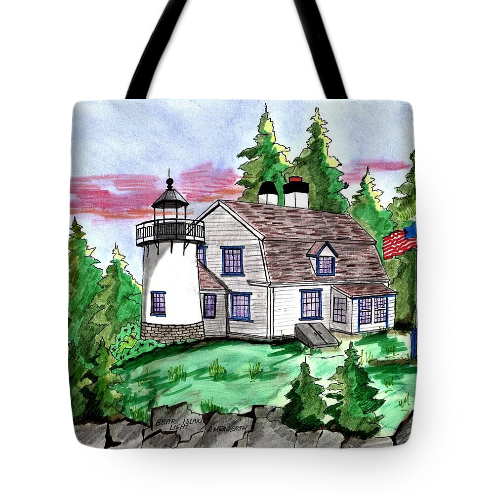 Paul Meinerth Tote Bag featuring the drawing Bear Island Light Maine by Paul Meinerth