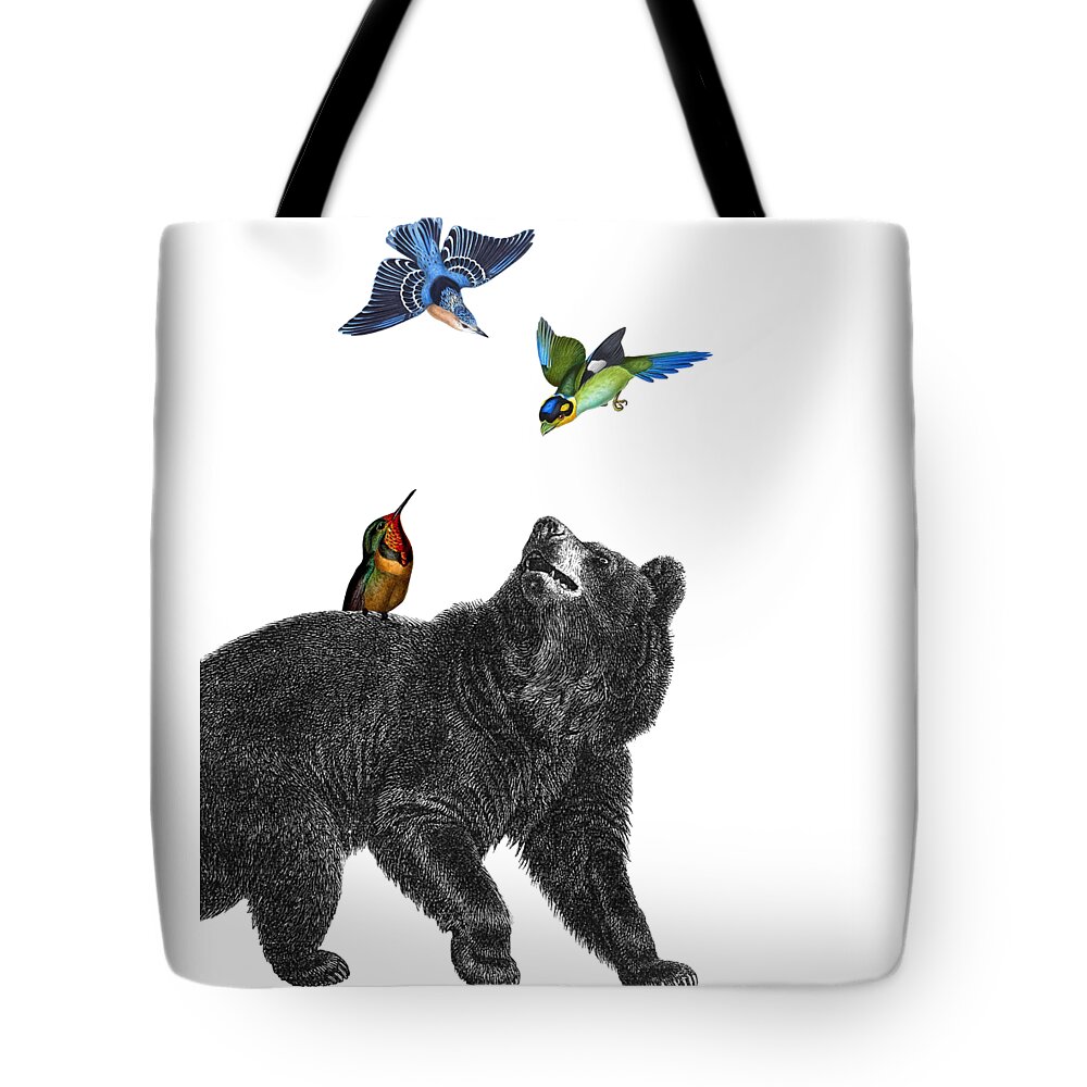 Bear Tote Bag featuring the digital art Bear with birds antique illustration by Madame Memento