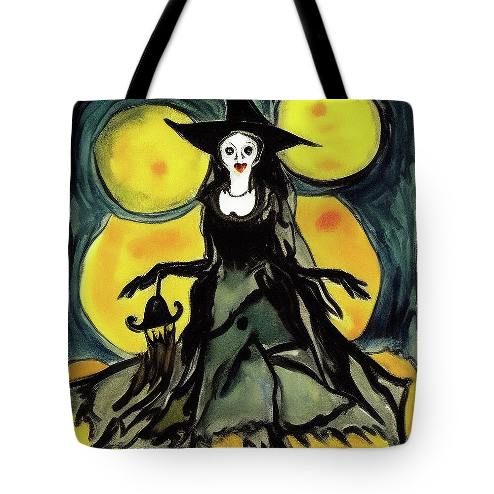 Halloween Tote Bag featuring the digital art Beautiful classy Halloween witch by Tatiana Travelways