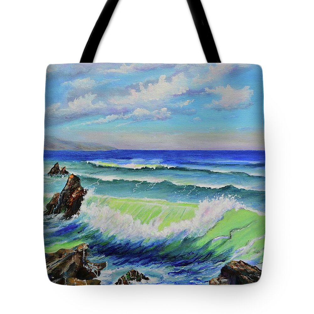 Beach Tote Bag featuring the painting Beautiful Day at the Coast by Mary Scott