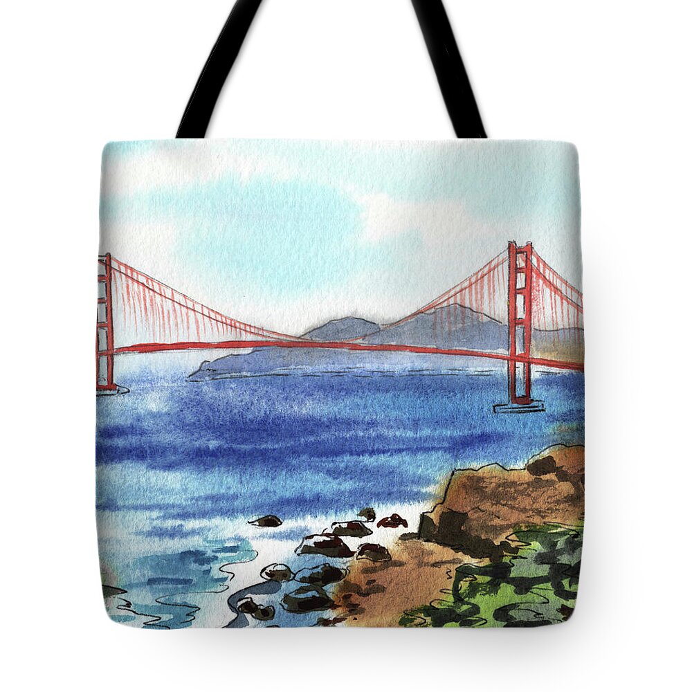 Bridge Tote Bag featuring the painting Beautiful Golden Gate Bridge San Francisco Bay Watercolor by Irina Sztukowski