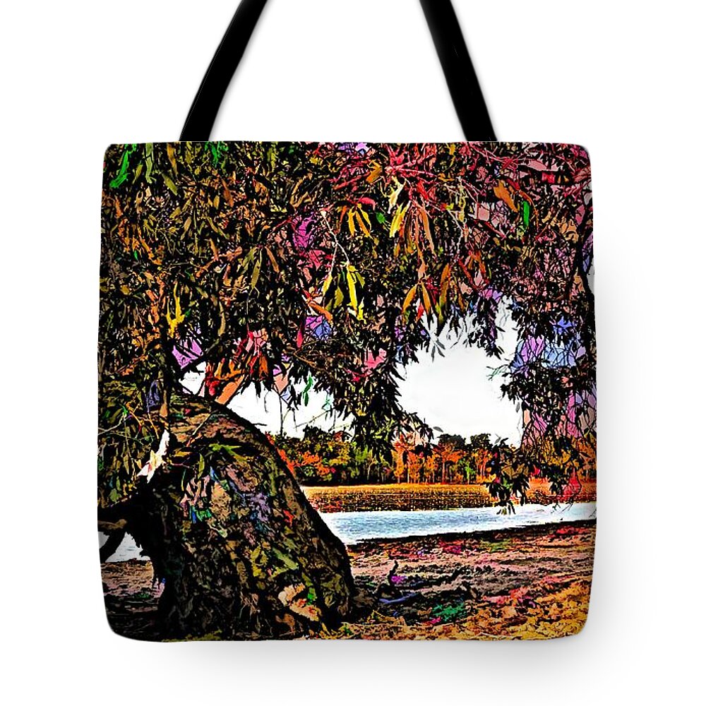 Beautiful Tote Bag featuring the mixed media Beautiful Old Gum Takes A Rest By The Billabong by Joan Stratton