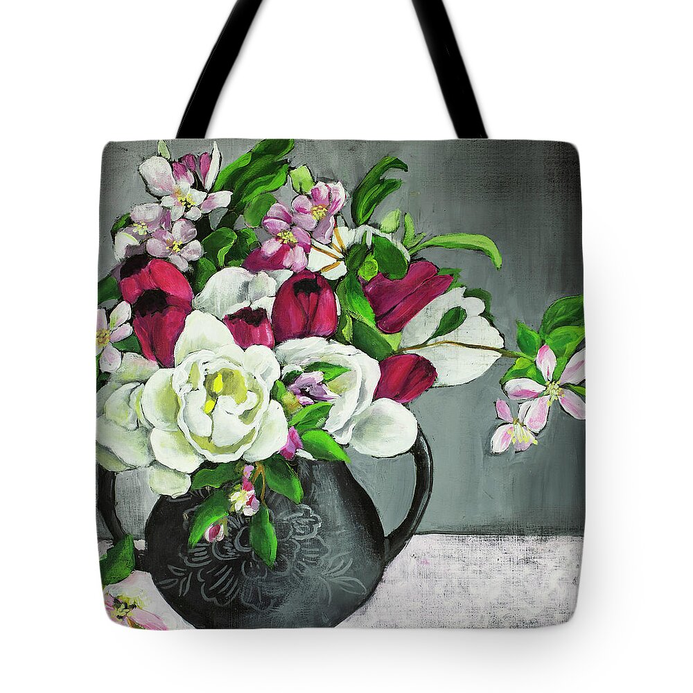 Tulips Tote Bag featuring the painting Beauty in a black vase by Debbie Brown