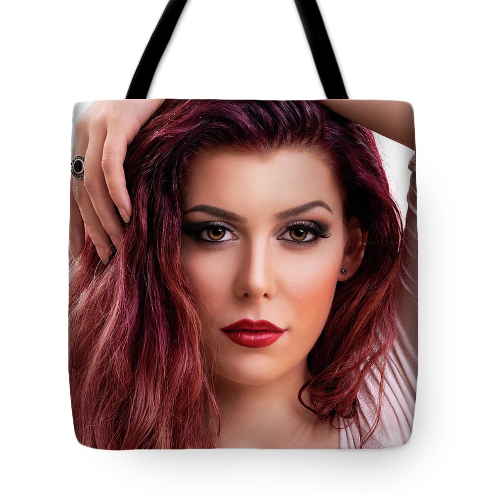 Make Up Tote Bag featuring the photograph Beauty portrait of woman with smokey makeup by Mendelex Photography