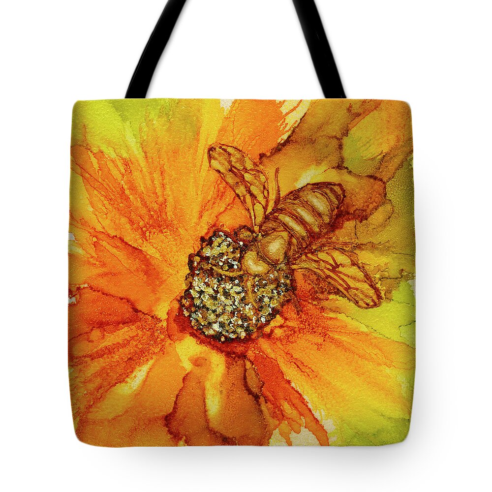 Bee Tote Bag featuring the painting Bee on Orange Flower Alcohol Ink Painting by Deborah League