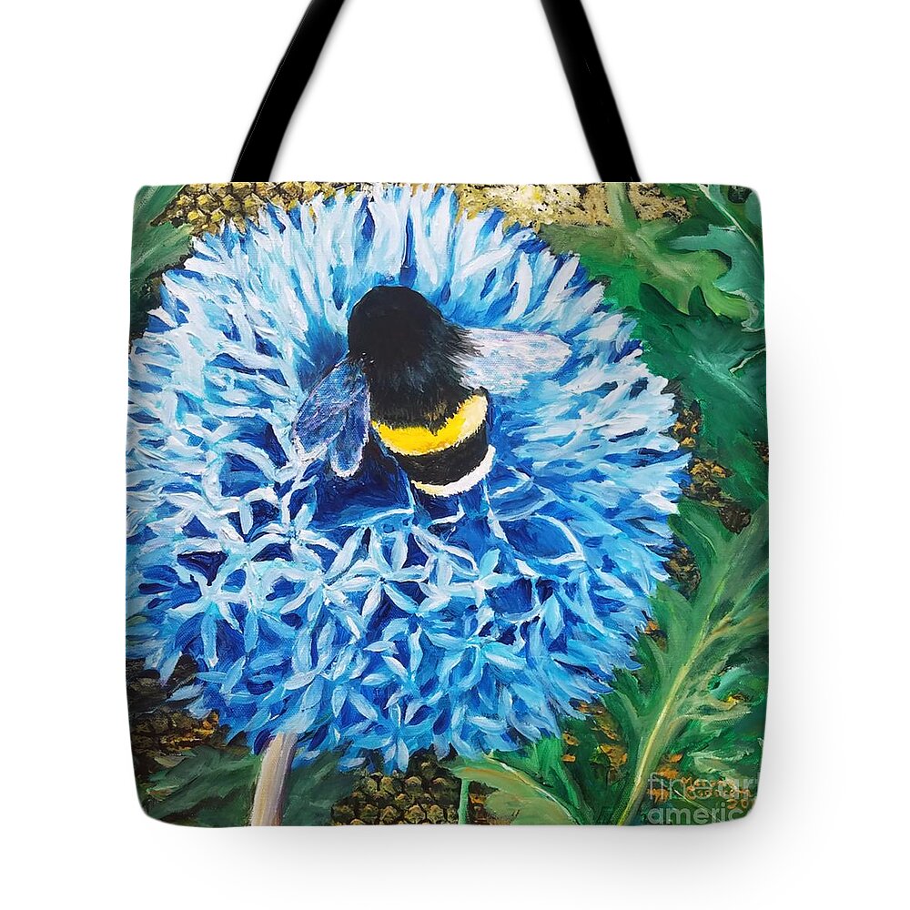 Flower Tote Bag featuring the painting Bee Prepared by Merana Cadorette