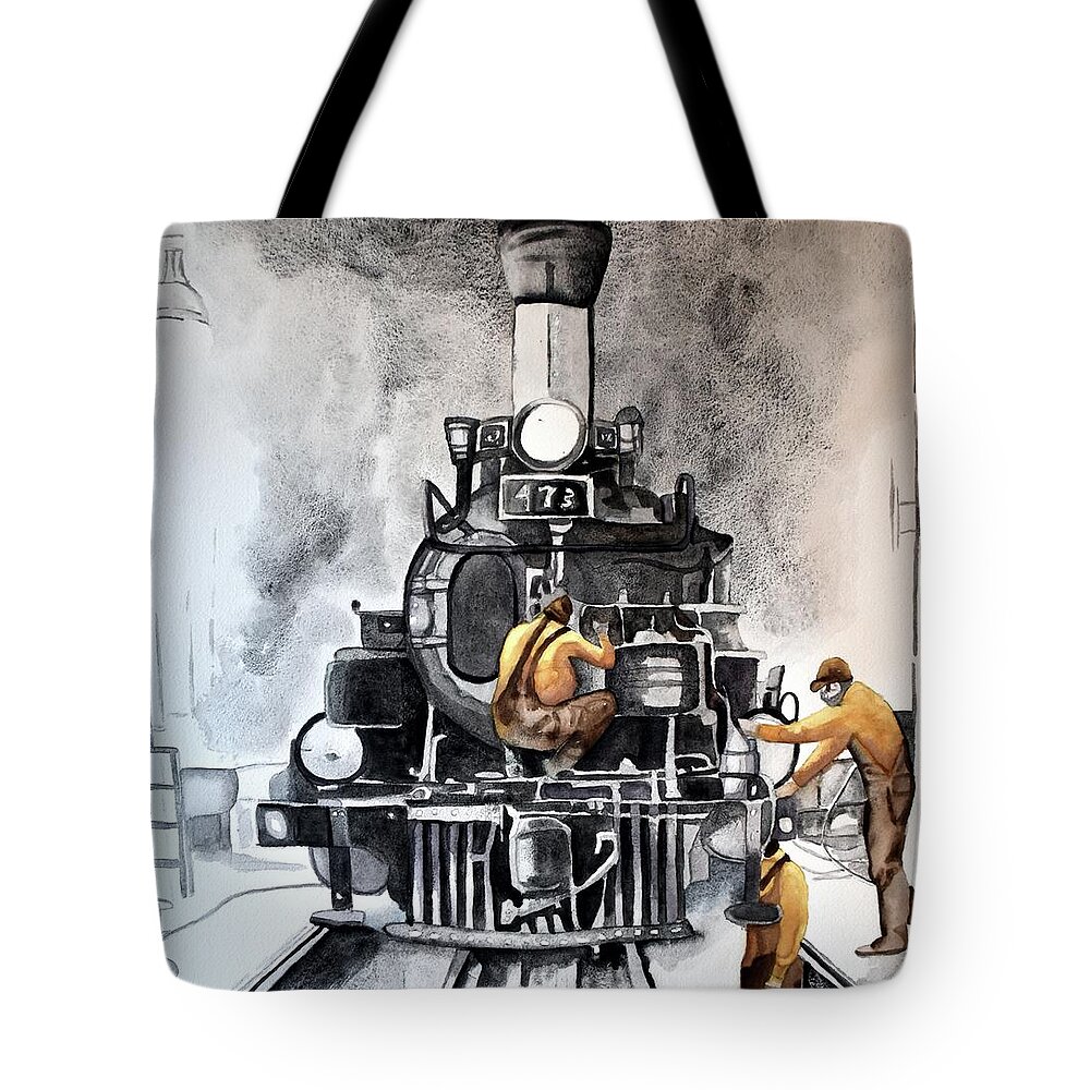 Trains Tote Bag featuring the painting Beeline to the Rails by Gerald Carpenter