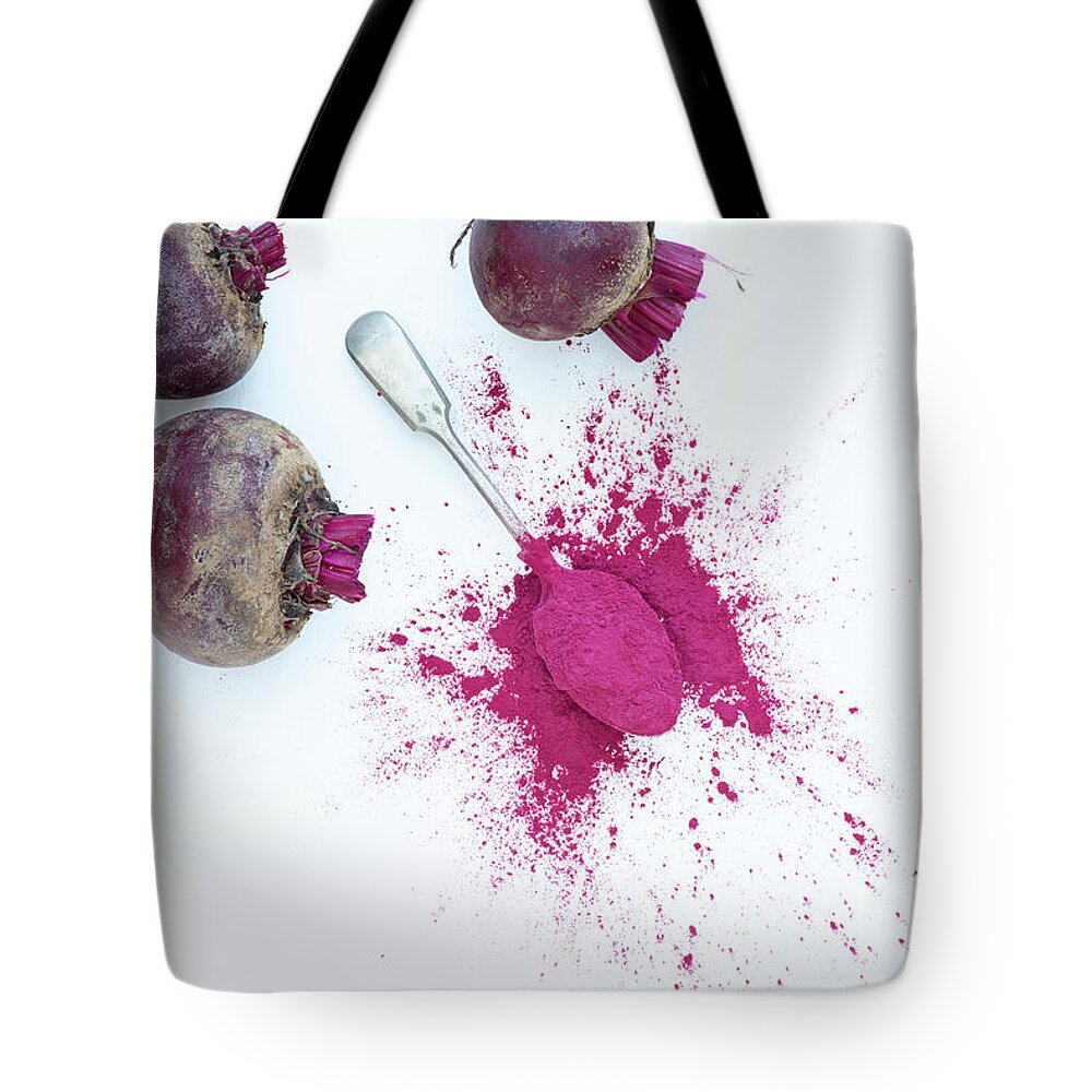 Beetroot Powder Tote Bag featuring the photograph Beetroot powder and Beets by Tim Gainey