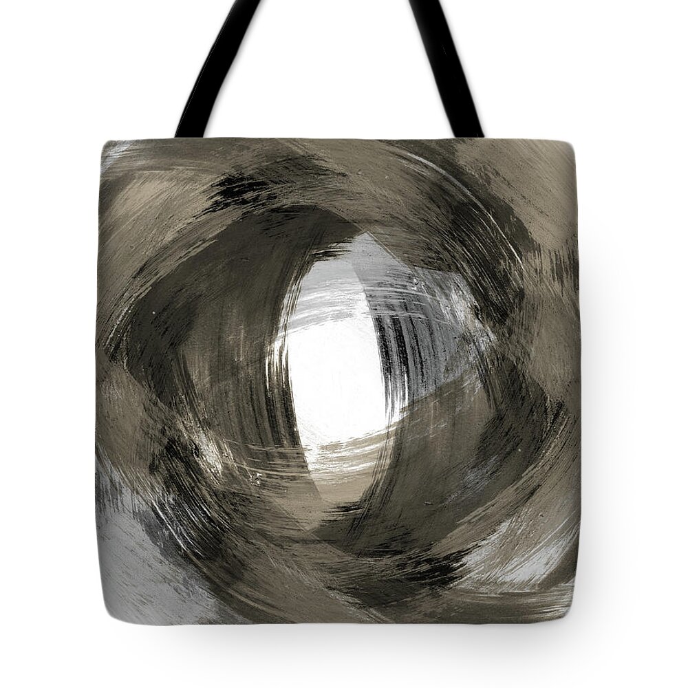 Beige Tote Bag featuring the painting Beige and Grey Modern Abstract Brushstroke Painting Vortex by Janine Aykens