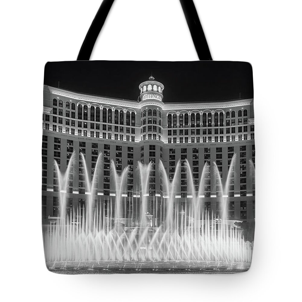 Bellagio Tote Bag featuring the photograph Bellagio Fountains Center X Display Black and White by Aloha Art