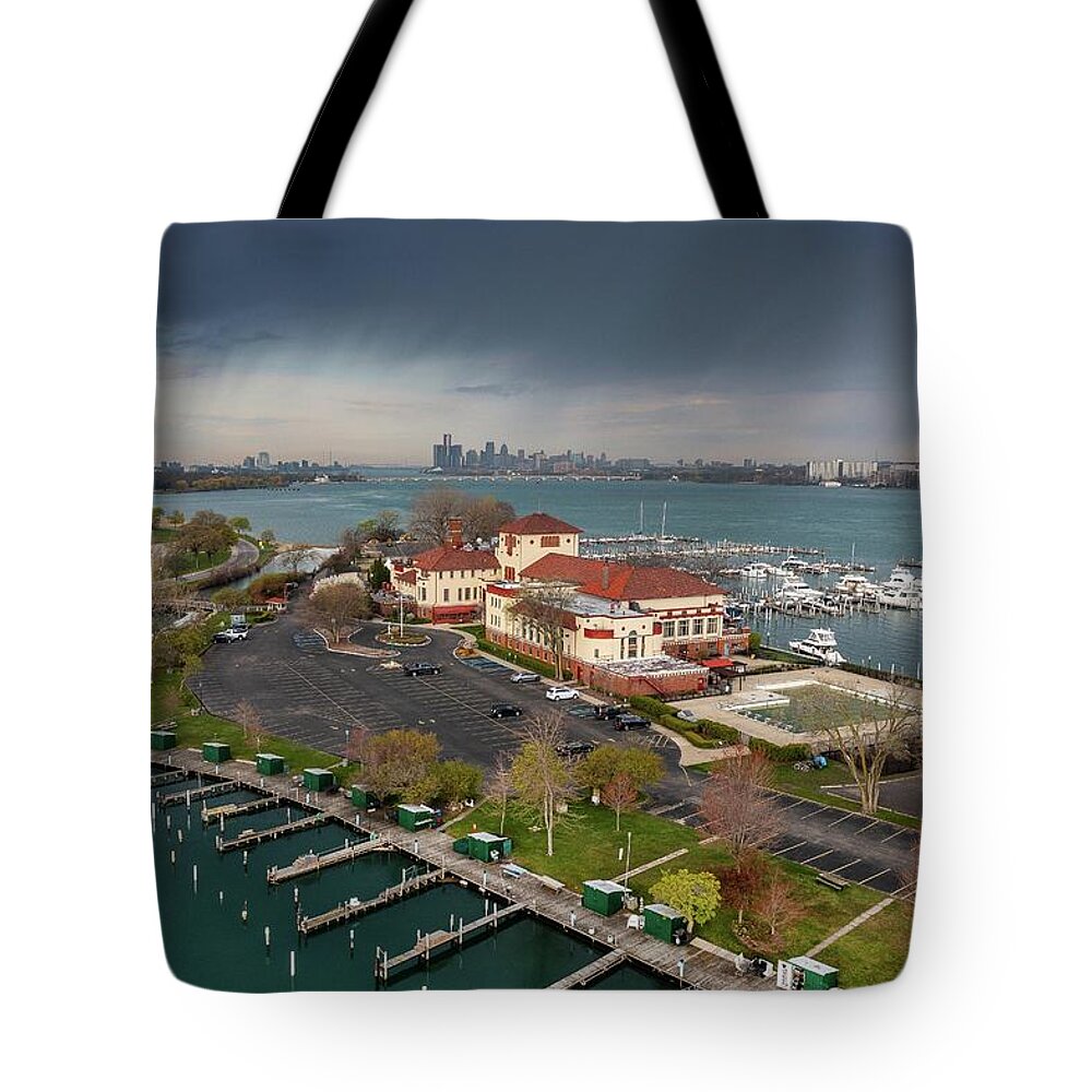 Detroit Tote Bag featuring the photograph Belle Isle and the Detroit Yacht Club DJI_0557 by Michael Thomas