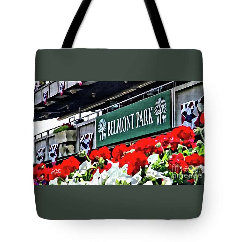 Belmont Park Tote Bag featuring the digital art Belmont Park Carnations by CAC Graphics