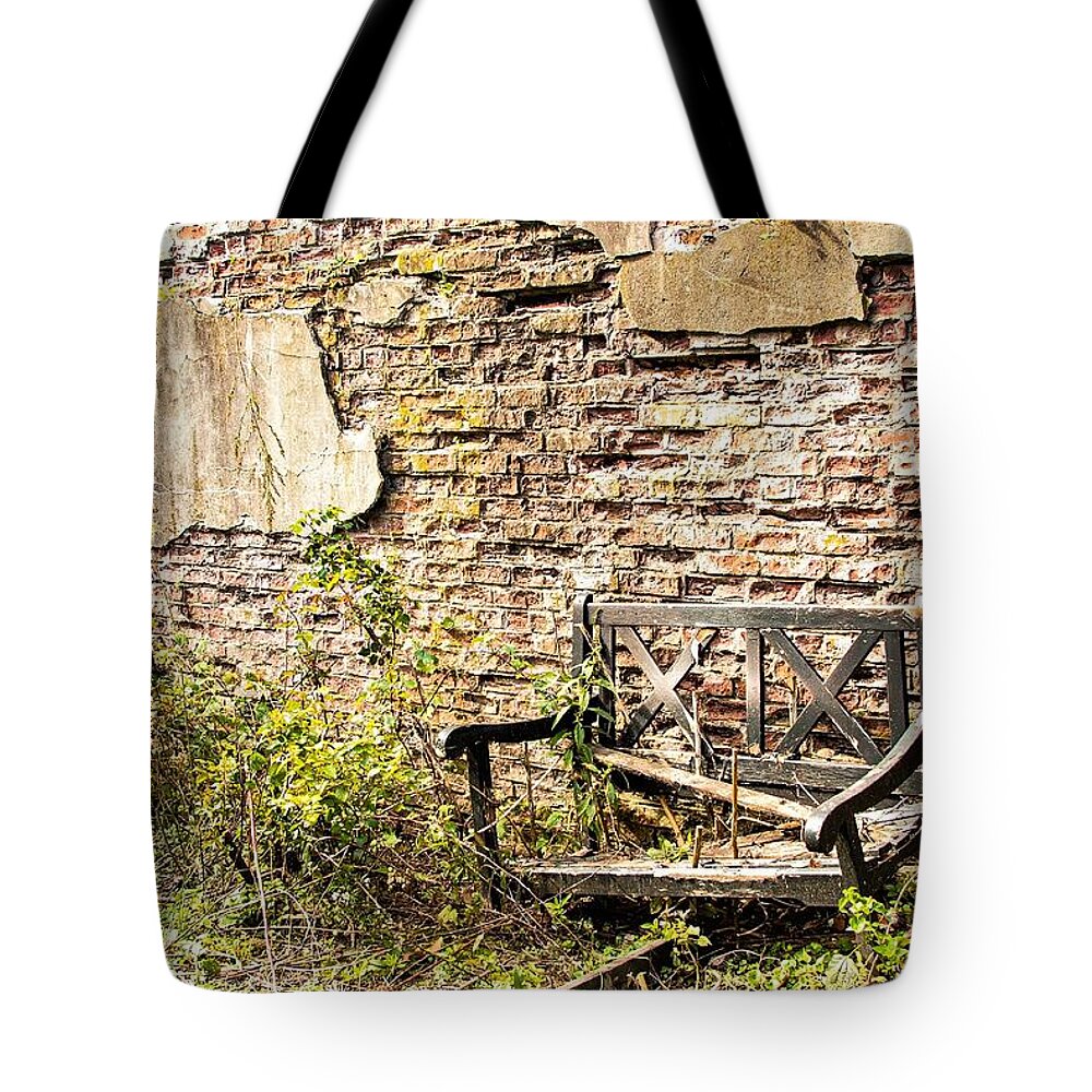 Bench Wall Wood Old Tote Bag featuring the photograph Bench Wall 1 by John Linnemeyer